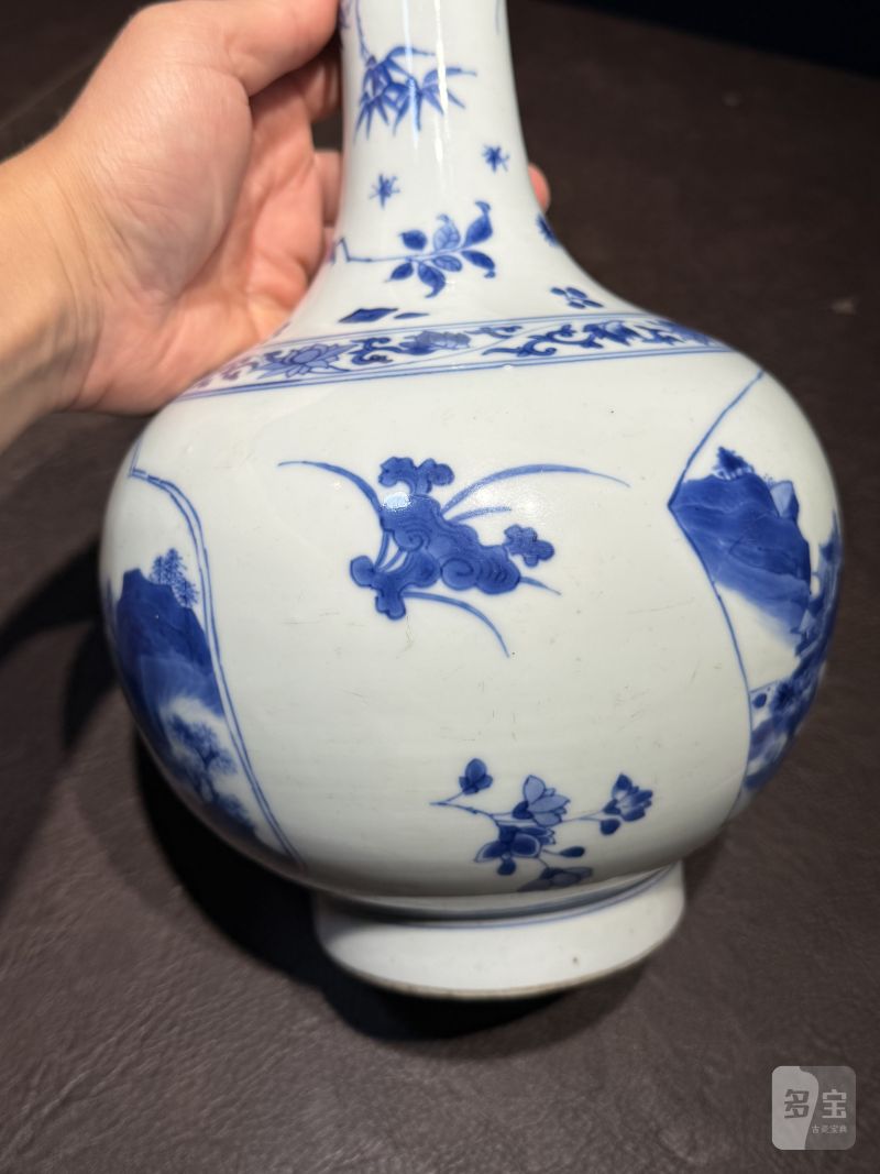 明崇祯 青花开光山水图长颈瓶 - 图8